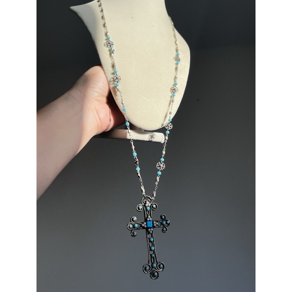 Necklace Filagree Roman Cross with Blue Acrylic Stones Silver Tone Long 32”